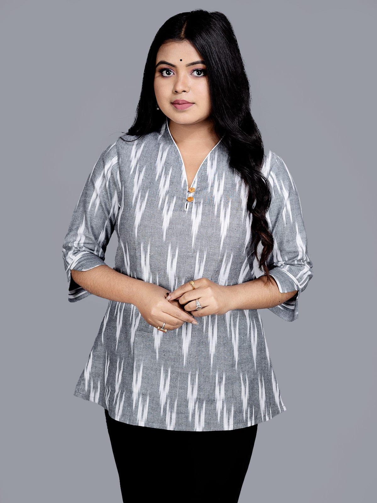 Roman Silver Grey Handwoven Ikkat Cotton Top - WeaversIndia