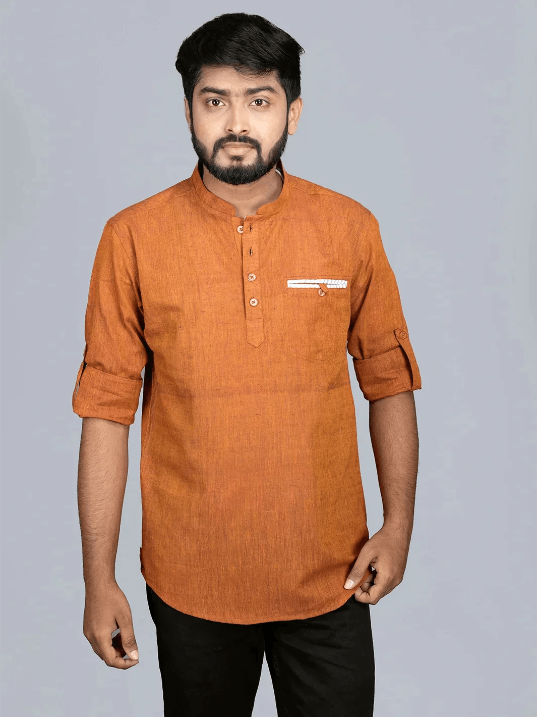 Rust Handwoven Organic Cotton Men Short Kurta - WeaversIndia