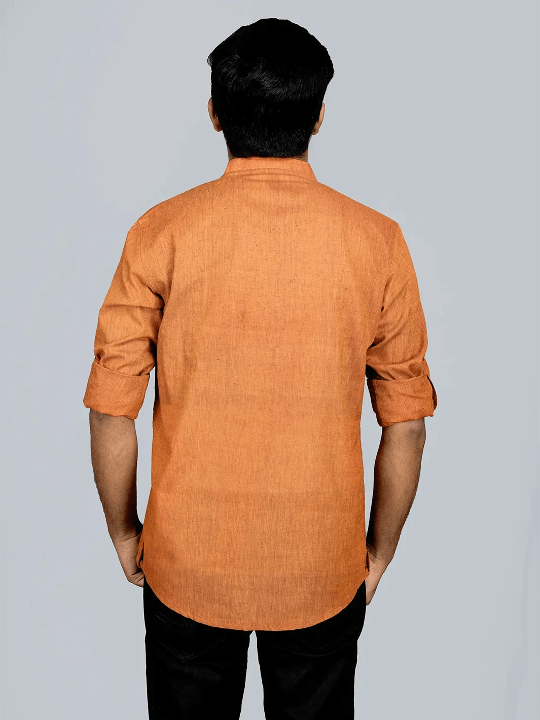 Rust Handwoven Organic Cotton Men Short Kurta - WeaversIndia