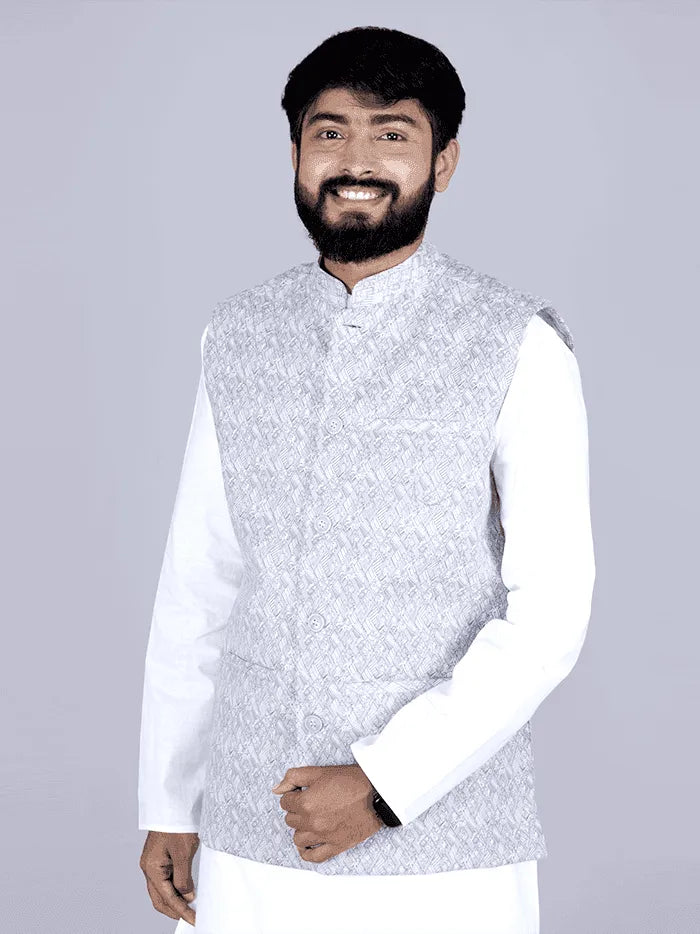 Silver Gray Printed Poly Cotton Modi Jacket - WeaversIndia