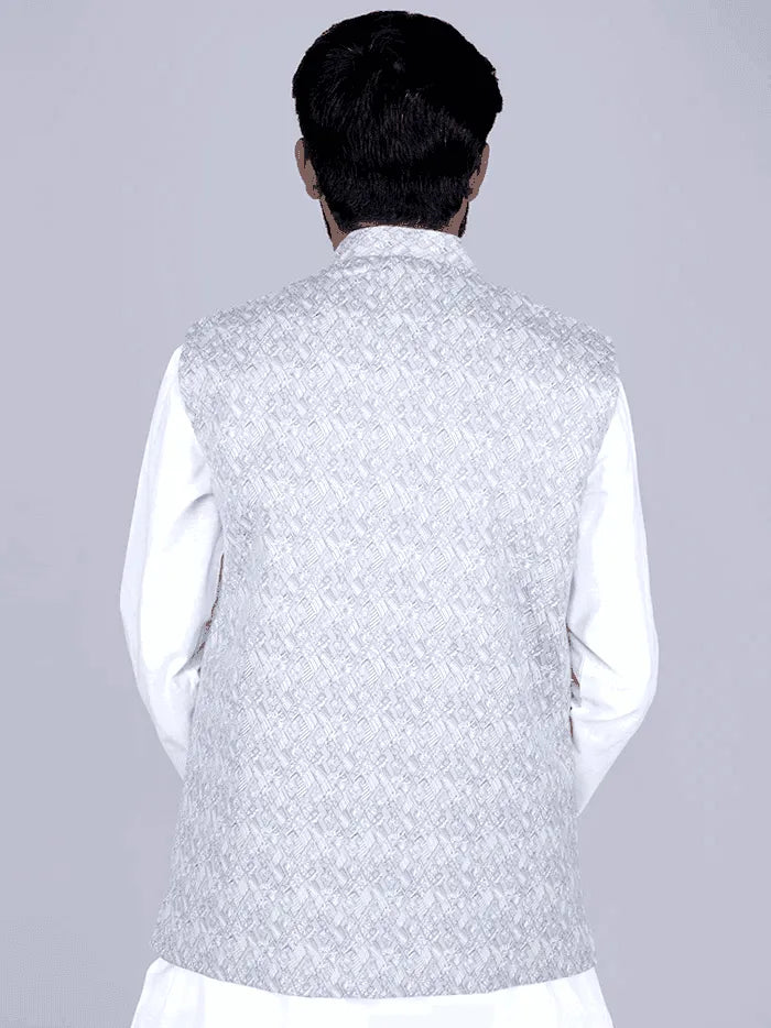 Silver Gray Printed Poly Cotton Modi Jacket - WeaversIndia