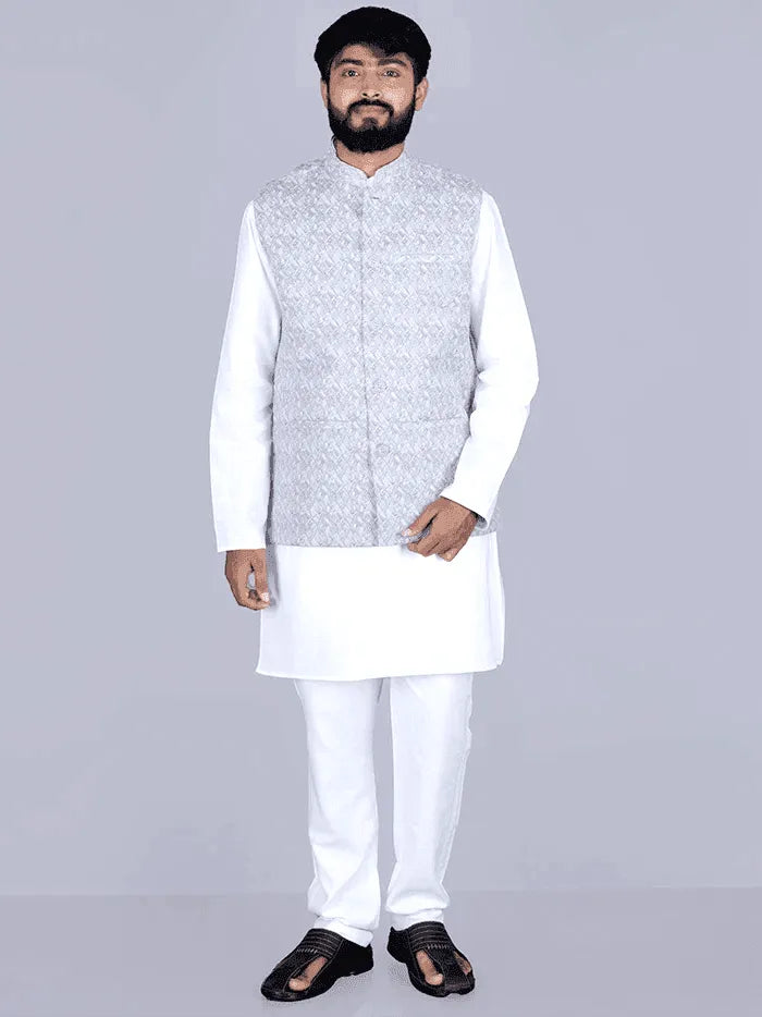 Silver Gray Printed Poly Cotton Modi Jacket - WeaversIndia