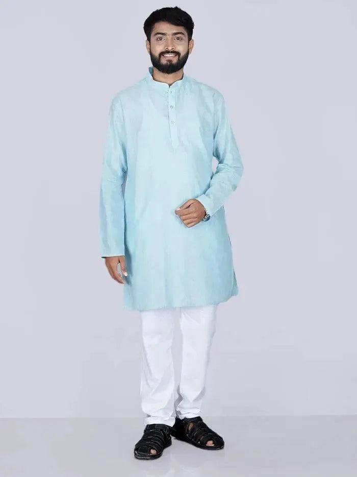 Sky Blue Handwoven Organic Cotton Men Kurta - WeaversIndia