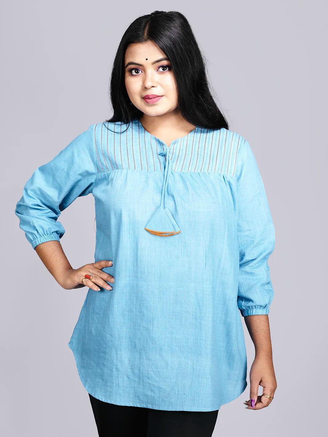 Sky Blue Pintucks Handwoven Cotton Top - WeaversIndia