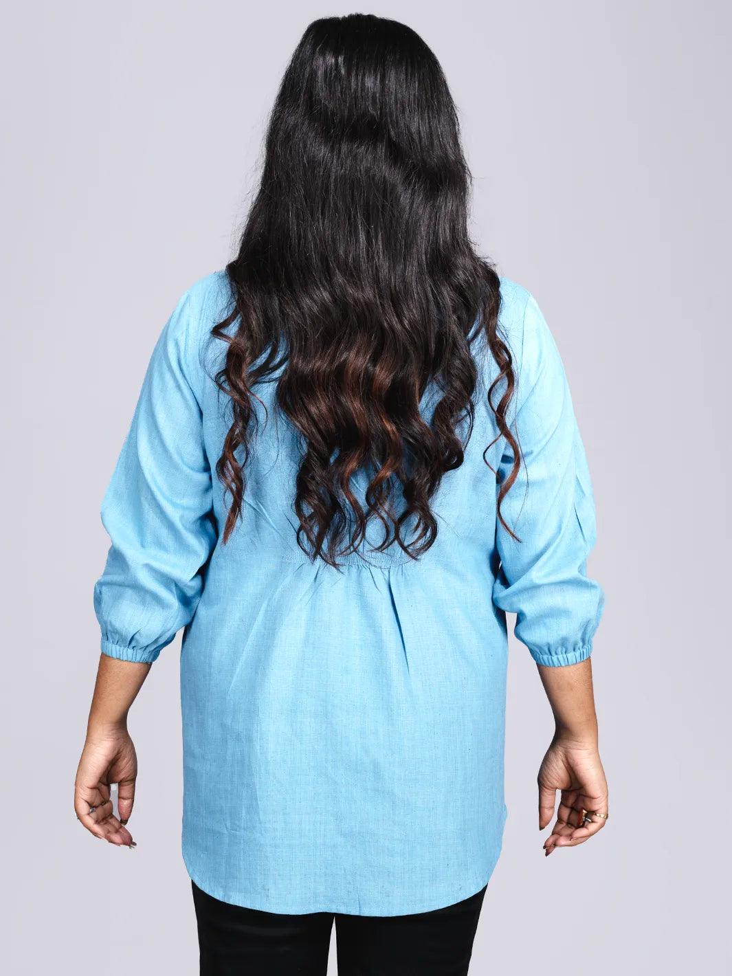 Sky Blue Pintucks Handwoven Cotton Top - WeaversIndia