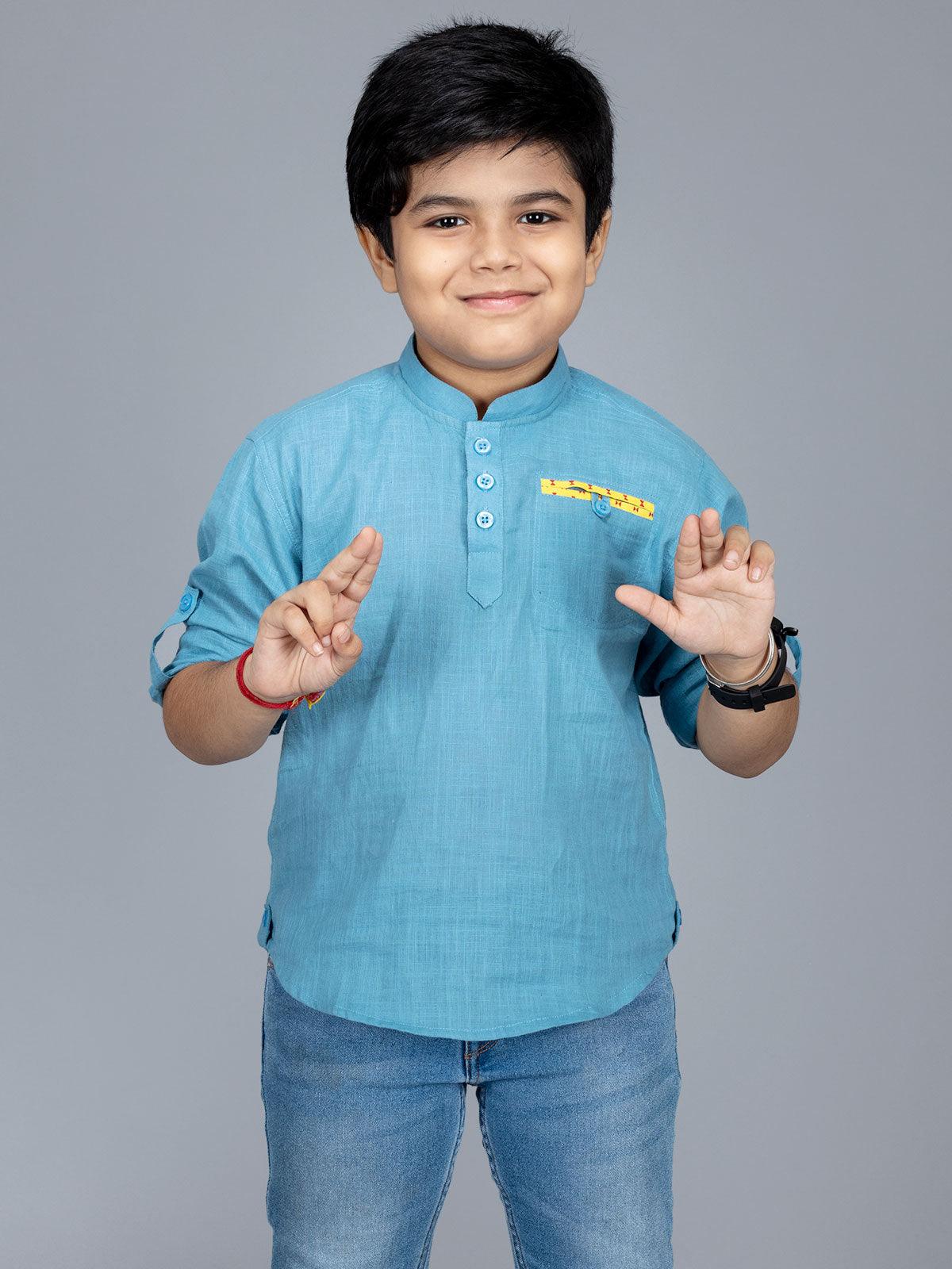 Sky Blue Slab Cotton Boys Short Kurta - WeaversIndia