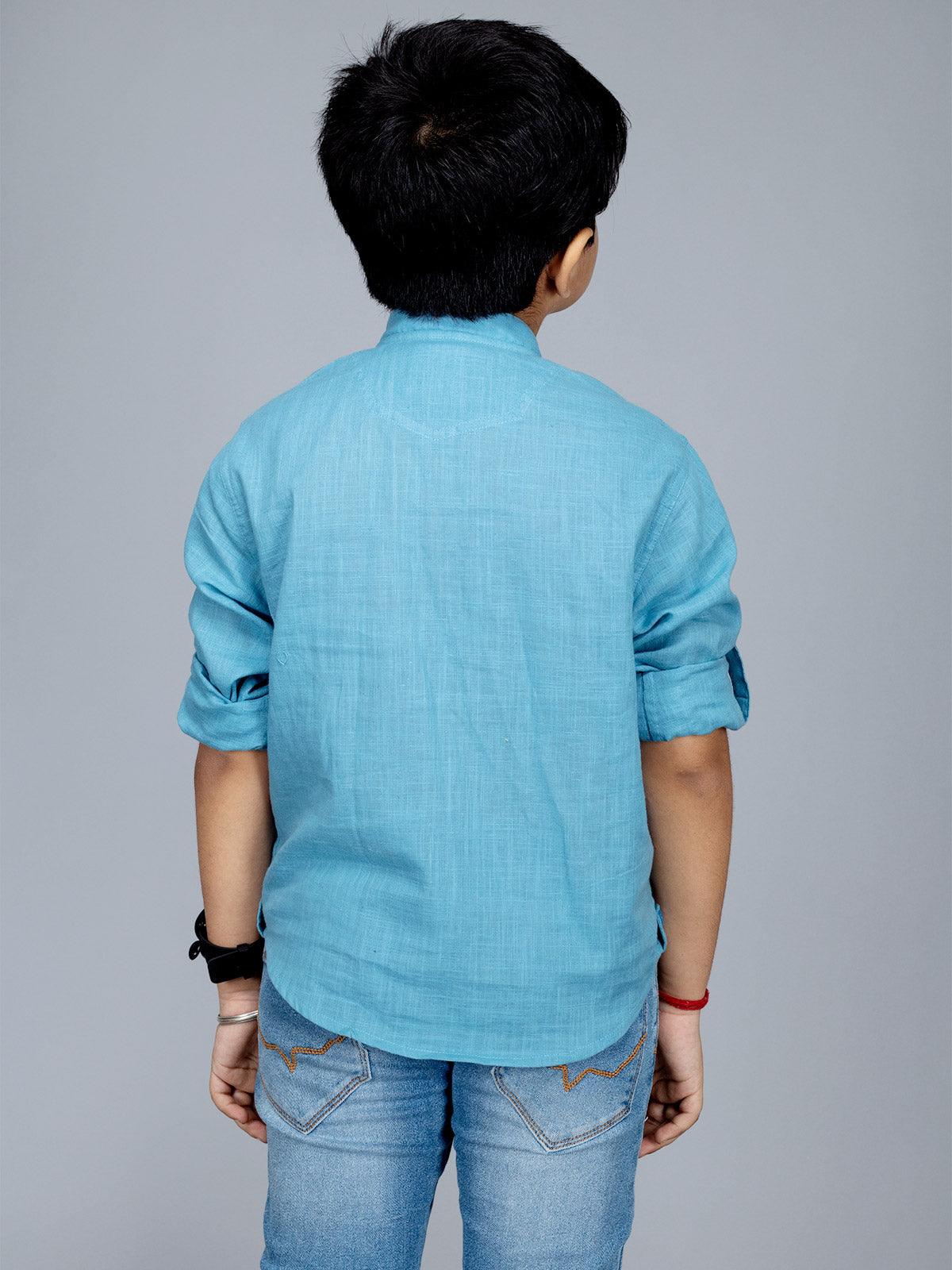 Sky Blue Slab Cotton Boys Short Kurta - WeaversIndia