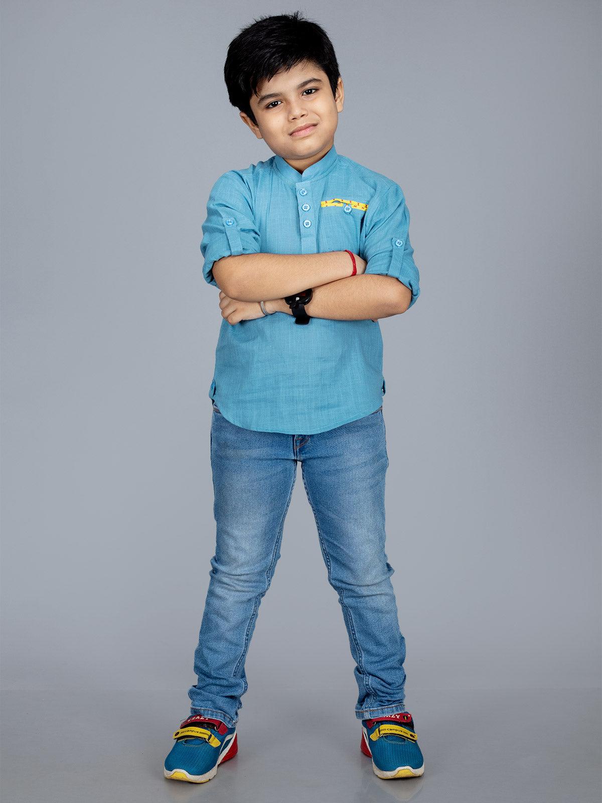 Sky Blue Slab Cotton Boys Short Kurta - WeaversIndia