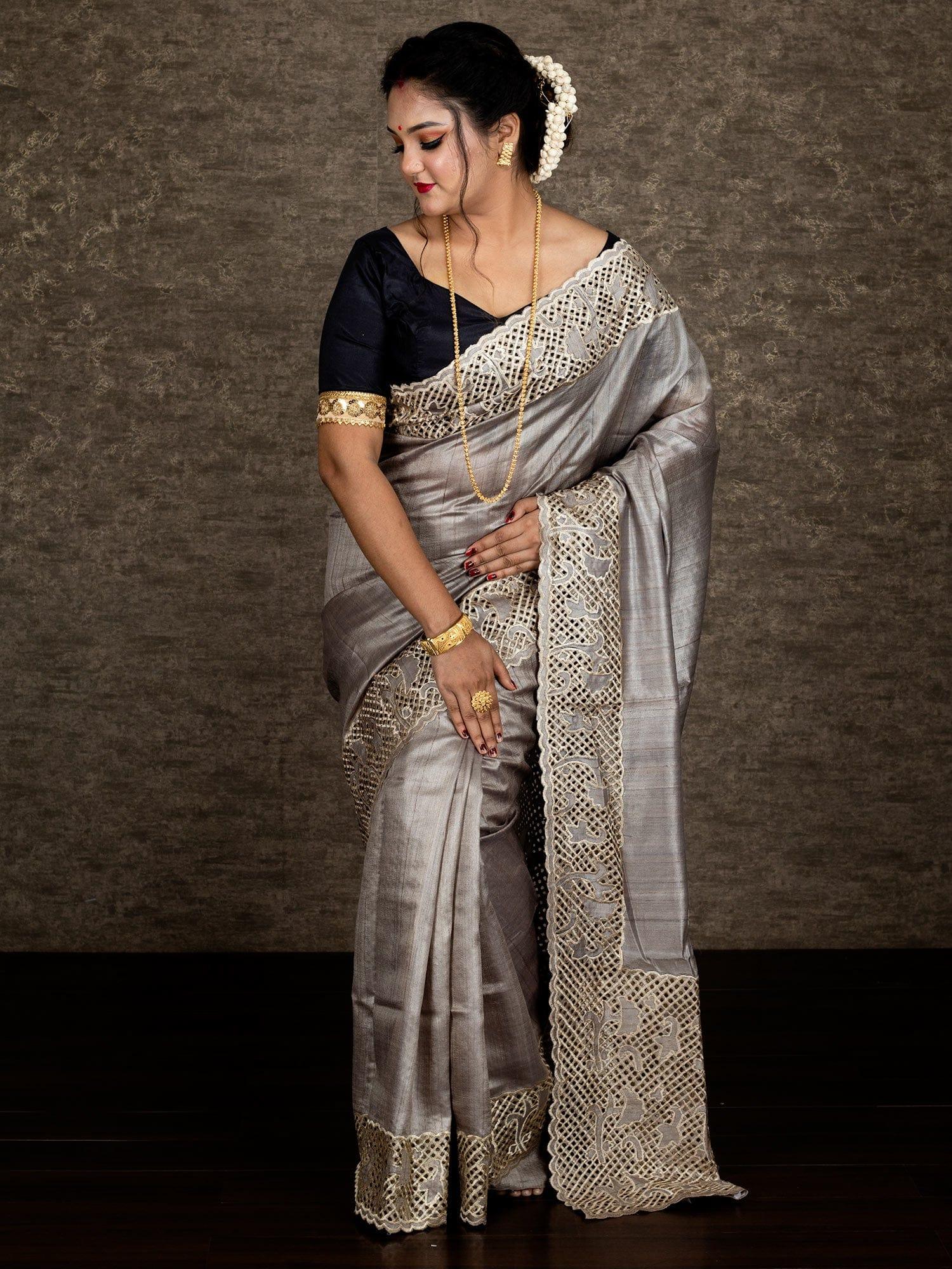 Still Grey Embroidered Cutwork Tussar Silk Saree - WeaversIndia