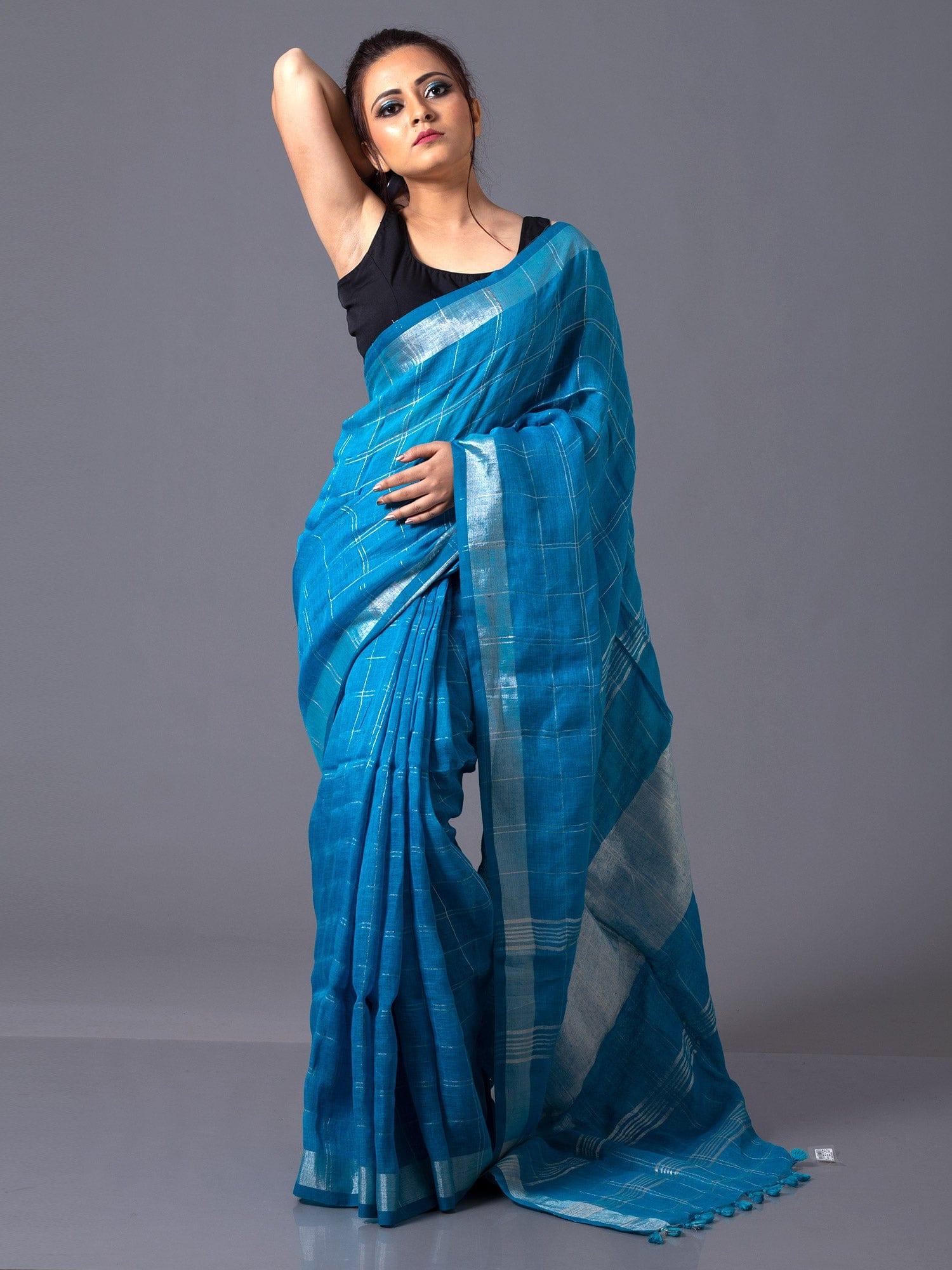 Stylish Dark Cyan Check Linen Saree - WeaversIndia