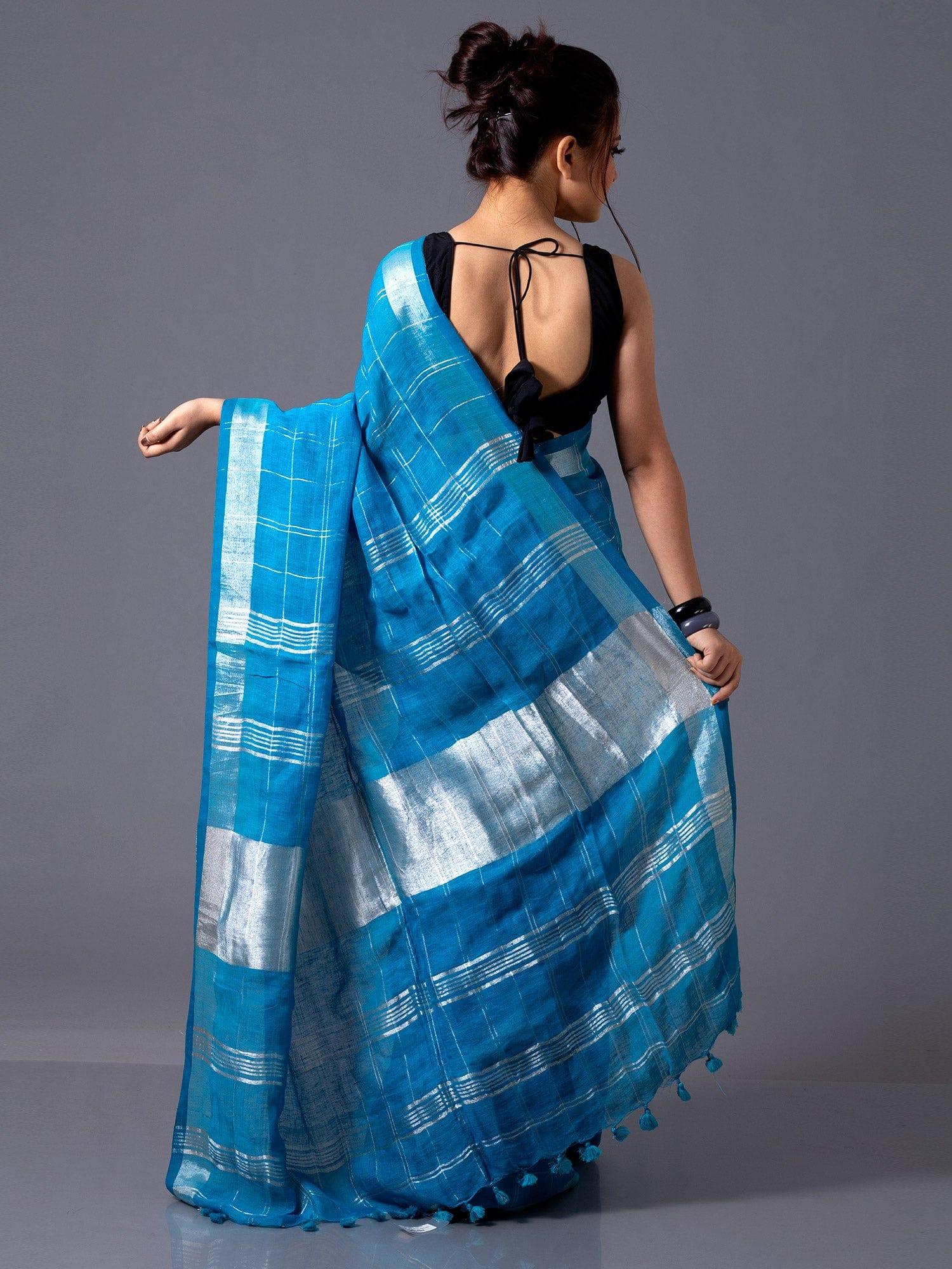 Stylish Dark Cyan Check Linen Saree - WeaversIndia