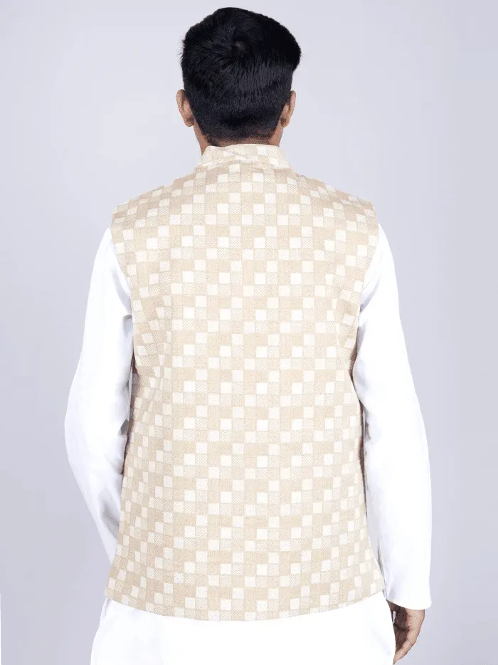 Tan Printed Poly Cotton Modi Jacket - WeaversIndia