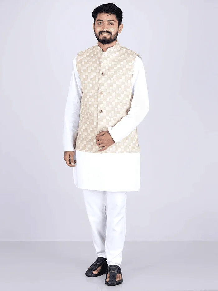 Tan Printed Poly Cotton Modi Jacket - WeaversIndia