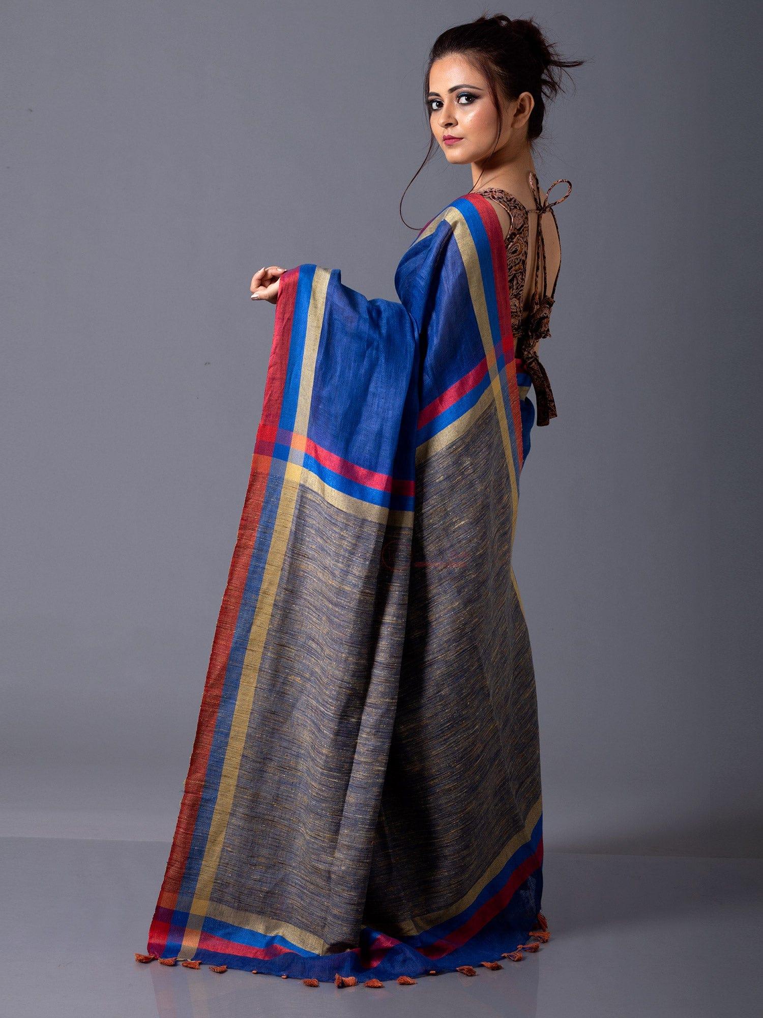 Trendy Sapphire Blue Par Anchal Linen Saree - WeaversIndia