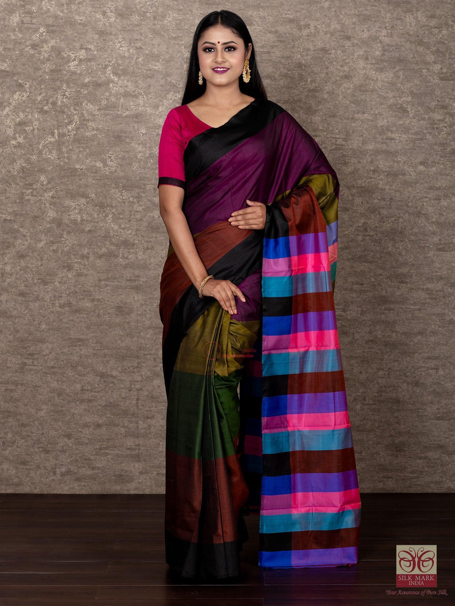 Unusual Multi Color Plani 4D Sonamukhi Silk Saree - WeaversIndia