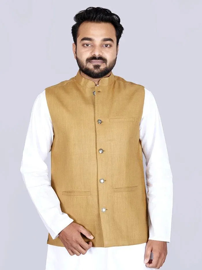 Vegas Gold Color Handwoven Cotton Modi Jacket - WeaversIndia