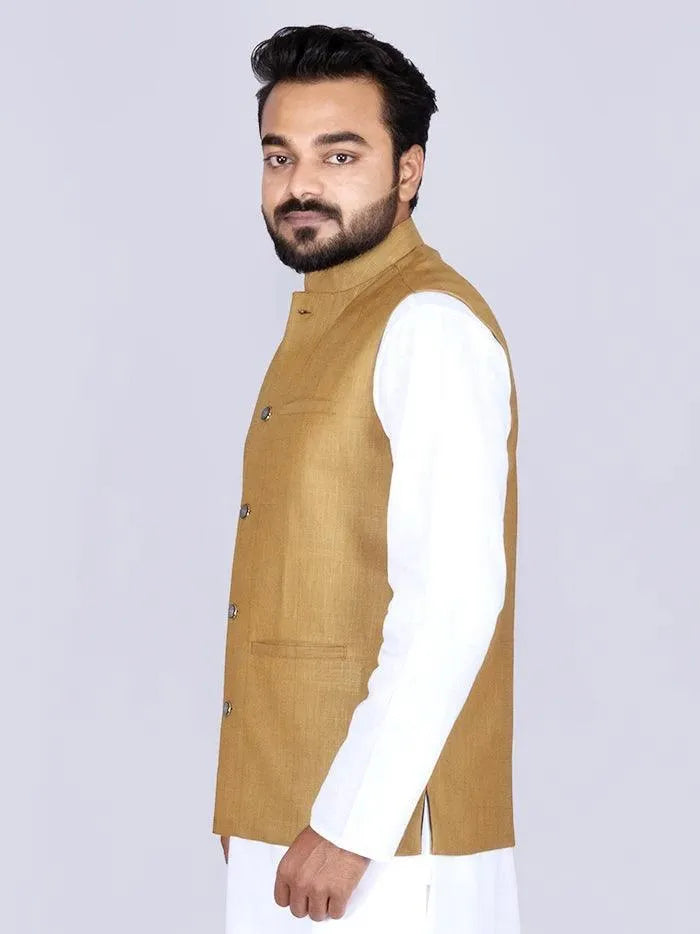 Vegas Gold Color Handwoven Cotton Modi Jacket - WeaversIndia