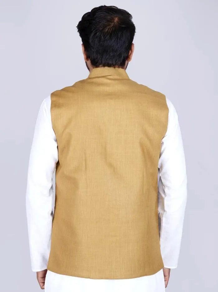 Vegas Gold Color Handwoven Cotton Modi Jacket - WeaversIndia