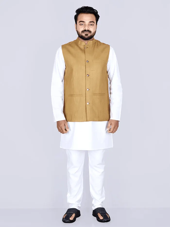 Vegas Gold Color Handwoven Cotton Modi Jacket - WeaversIndia