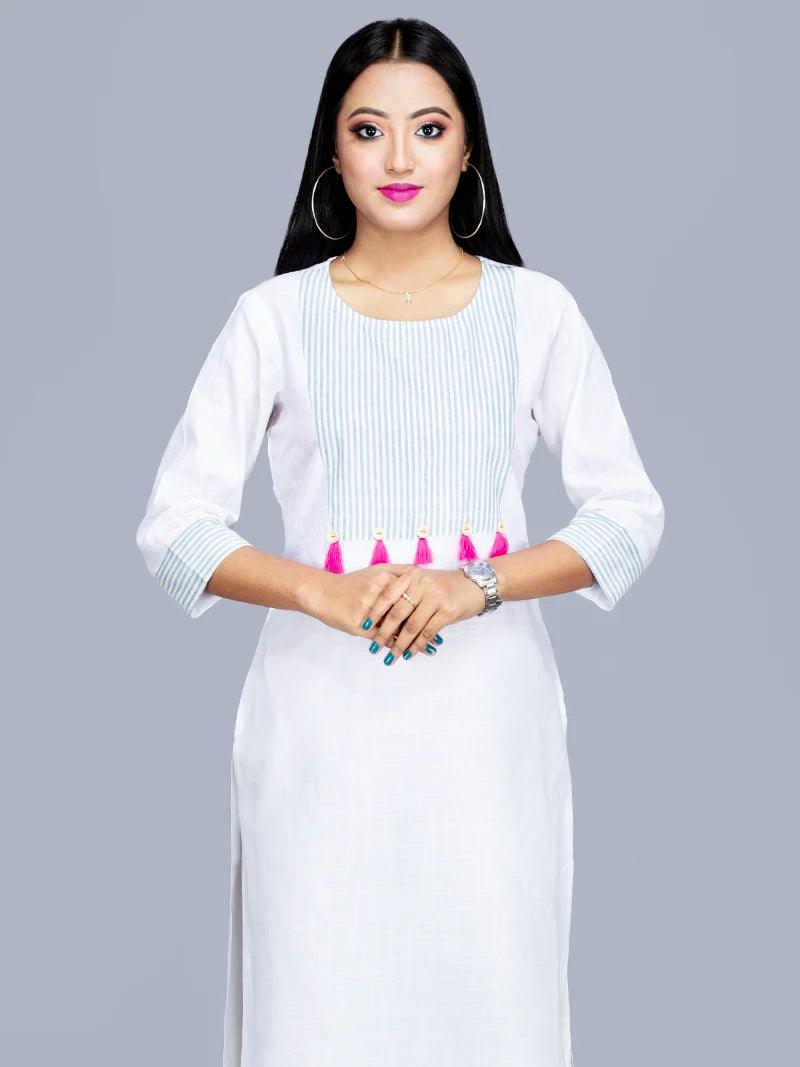 Viscose Cotton Slab White Long Kurta - WeaversIndia