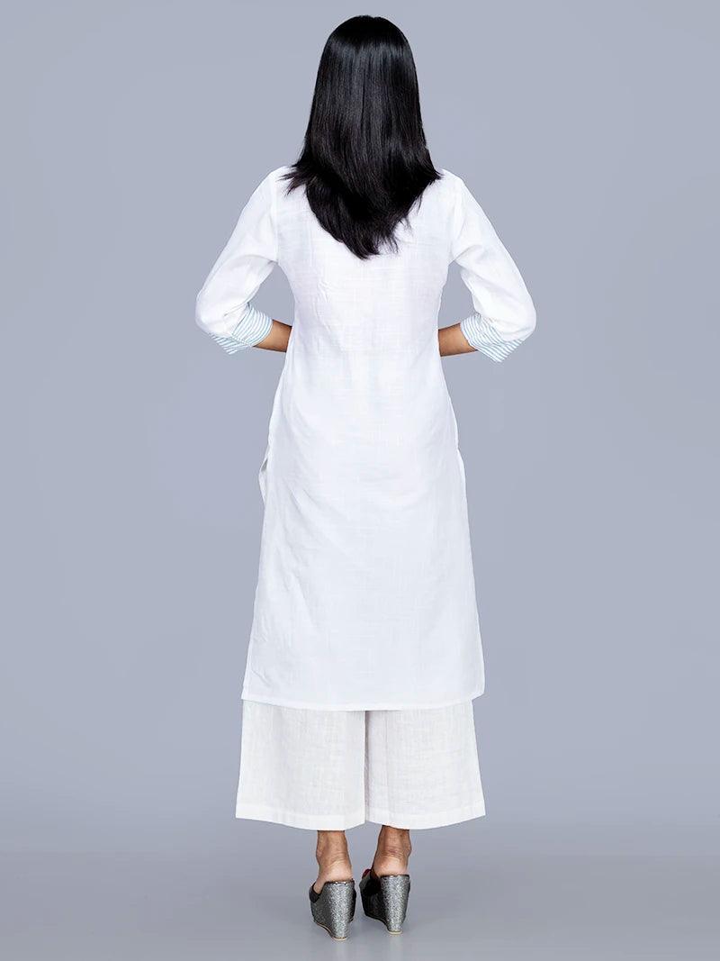 Viscose Cotton Slab White Long Kurta - WeaversIndia