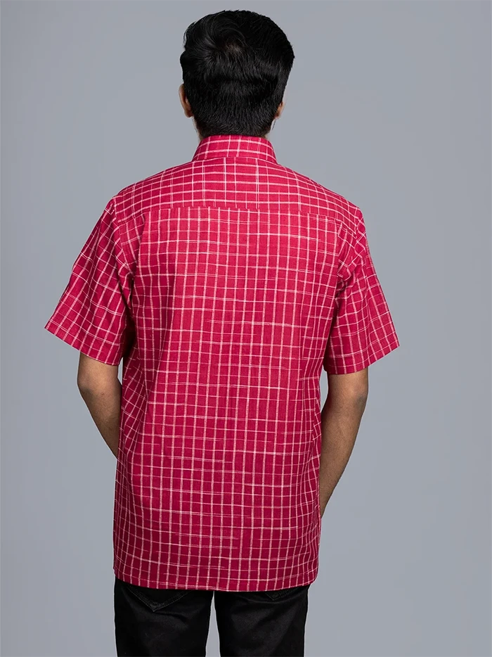 Wine Handwoven Organic Cotton Checks Fitted Men Shirt