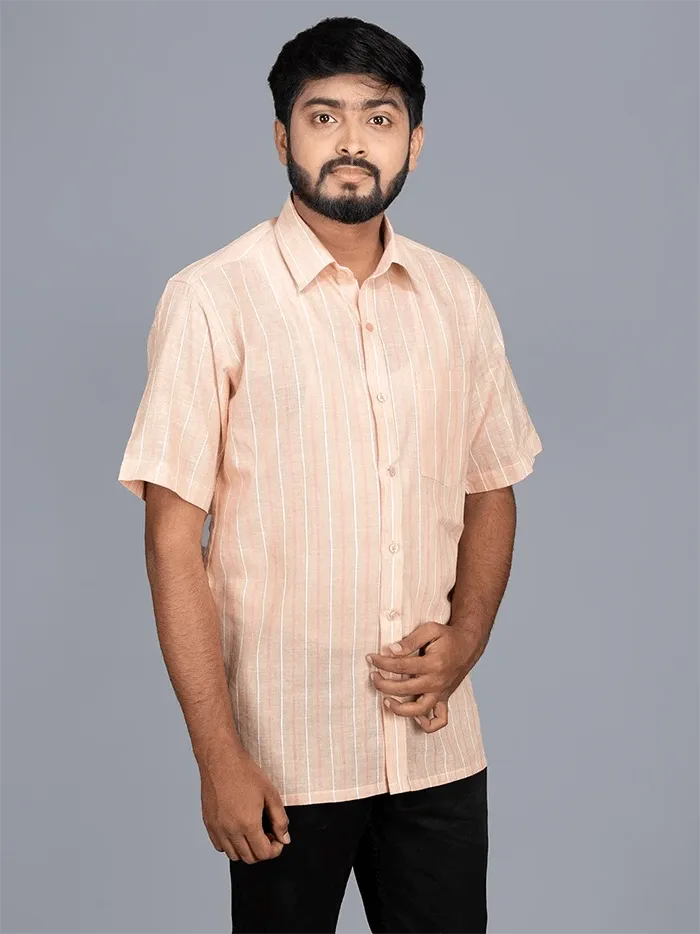 Pink Handwoven Organic Cotton striped Fitted Men Shirt