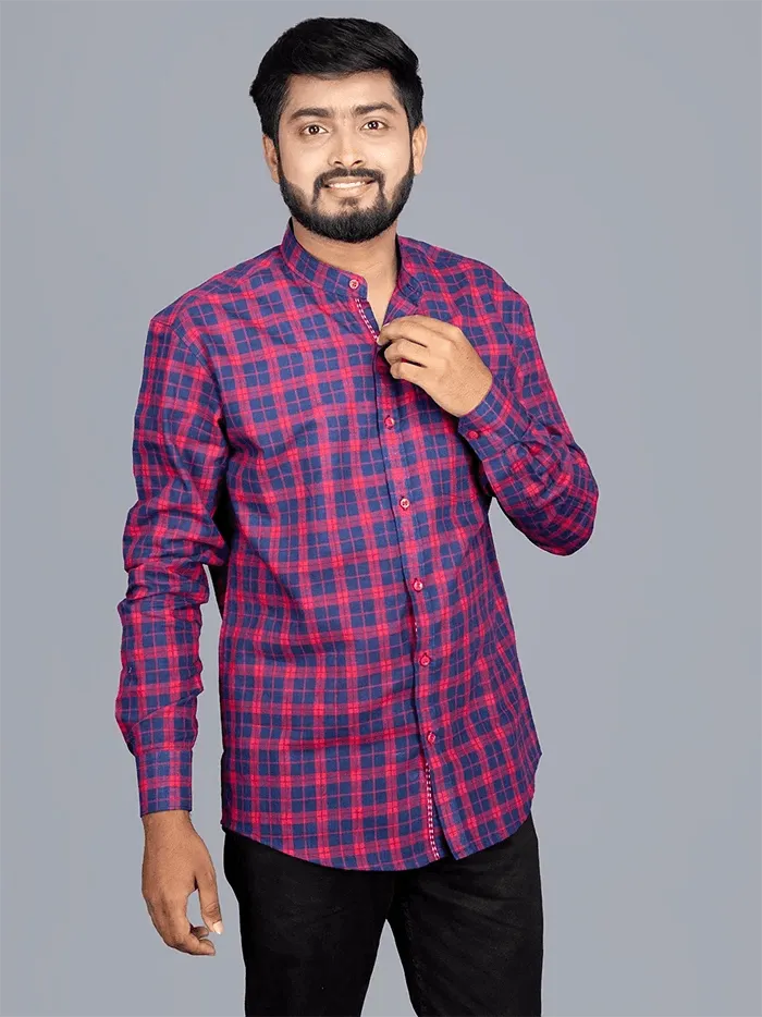 Red Handwoven Organic Cotton Checks Fitted Men Shirt