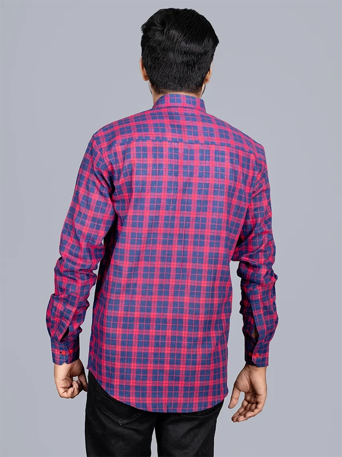 Red Handwoven Organic Cotton Checks Fitted Men Shirt