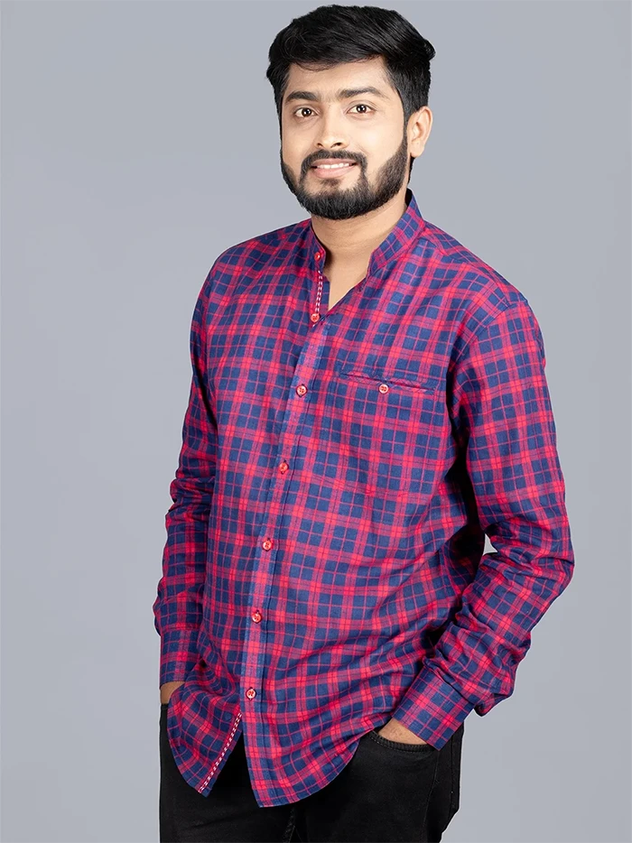 Red Handwoven Organic Cotton Checks Fitted Men Shirt