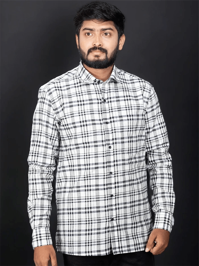 White Black Handwoven Organic Cotton Checks Fitted Men Shirt - WeaversIndia