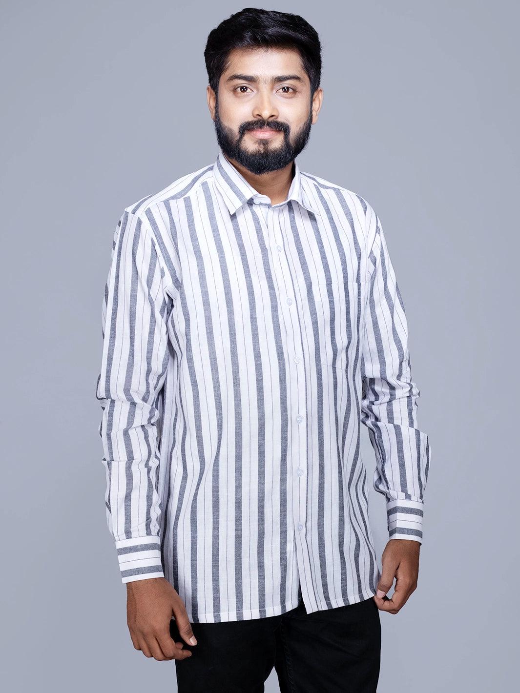 White Black Striped Handwoven Cotton Men Full Sleeves Shirt - WeaversIndia