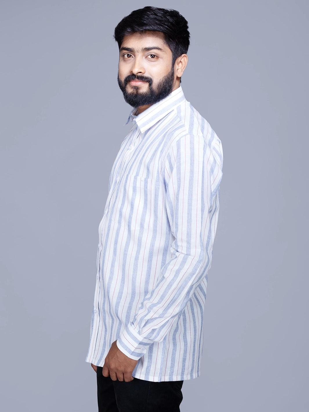 White Blue Striped Handwoven Cotton Men Full Sleeves Shirt - WeaversIndia