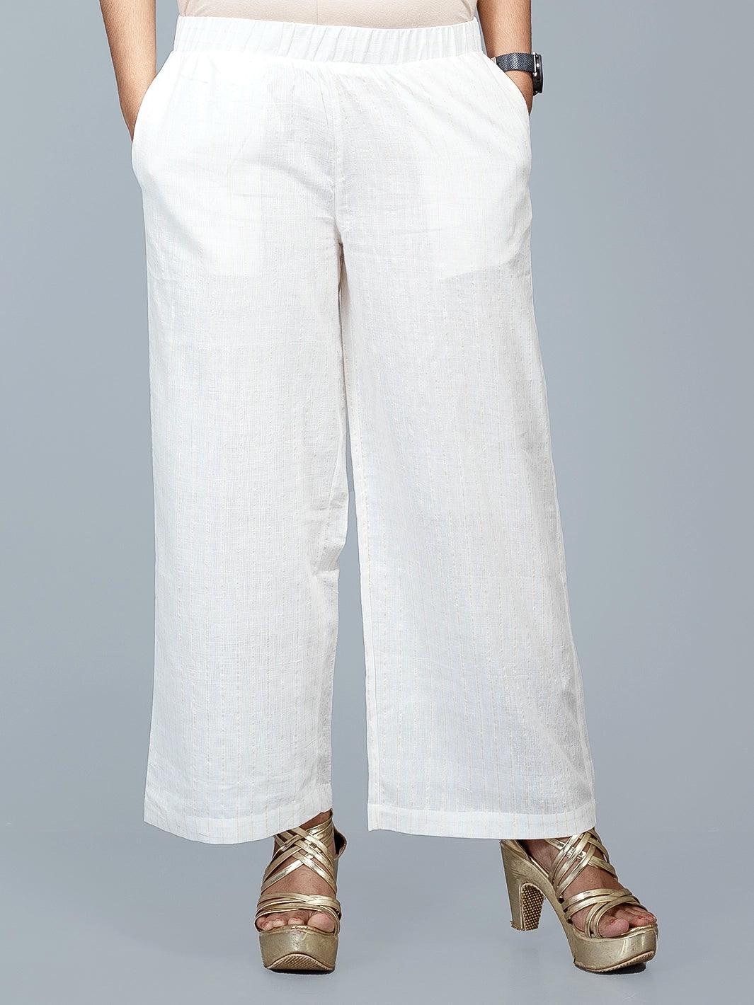 White Cotton Linen Palazzo - WeaversIndia