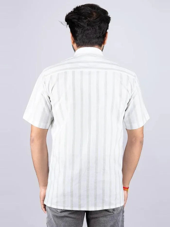 White Green Handwoven Organic Cotton Striped Men Shirt - WeaversIndia