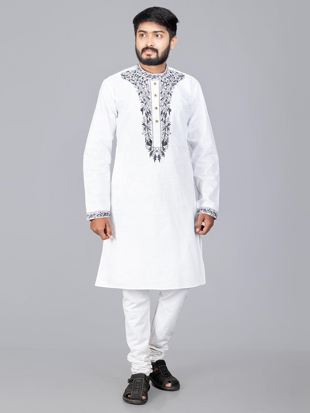 White Handwoven Organic Cotton Embroidered Men Kurta - WeaversIndia