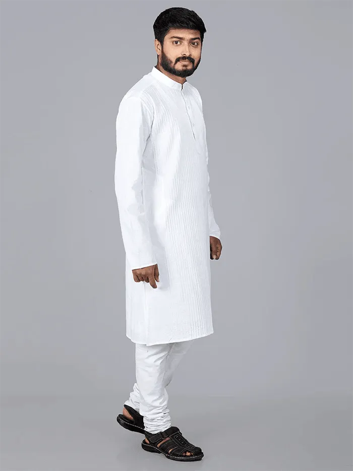 White Handwoven Organic Cotton Pintucks Men kurta - WeaversIndia