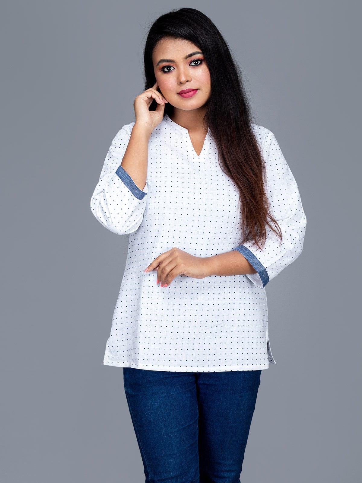 White Printed Handwoven Cotton Top - WeaversIndia