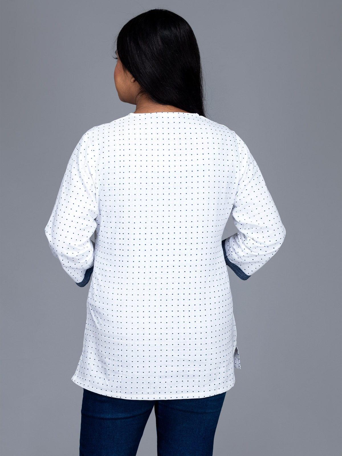 White Printed Handwoven Cotton Top - WeaversIndia