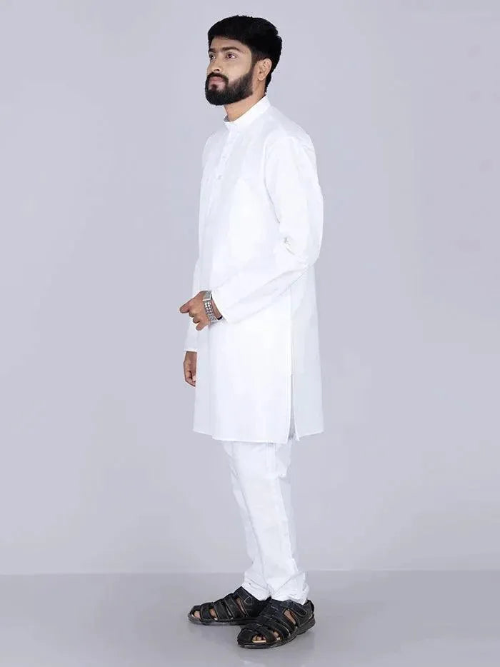 White Solid Handwoven Organic Cotton Men Kurta - WeaversIndia