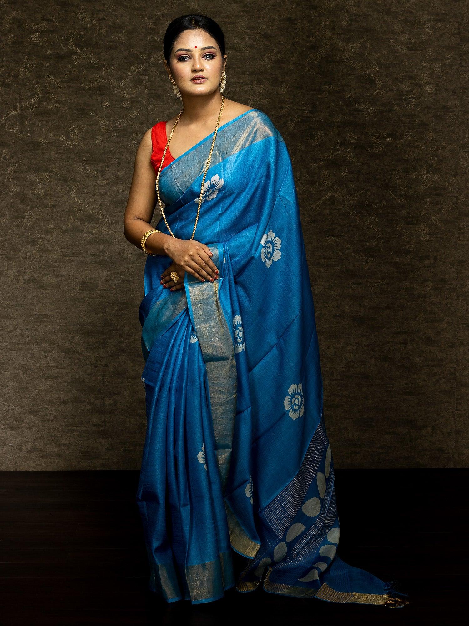 Woderful Blue Par Anchal Buti Block Printed Tussar Silk Saree - WeaversIndia