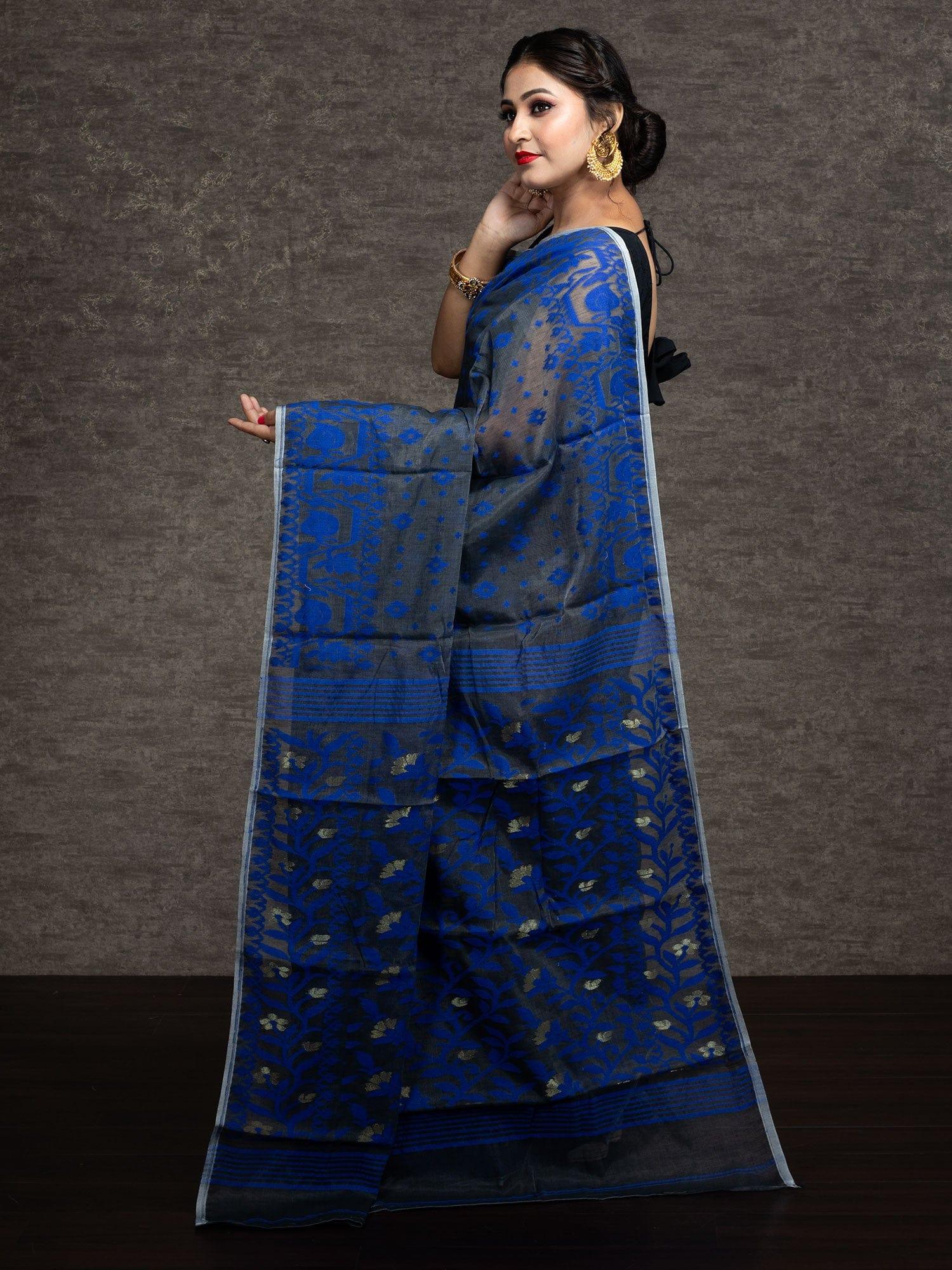 Wonderful Allover Ash Blue Soft Dhakai Jamdani Saree - WeaversIndia