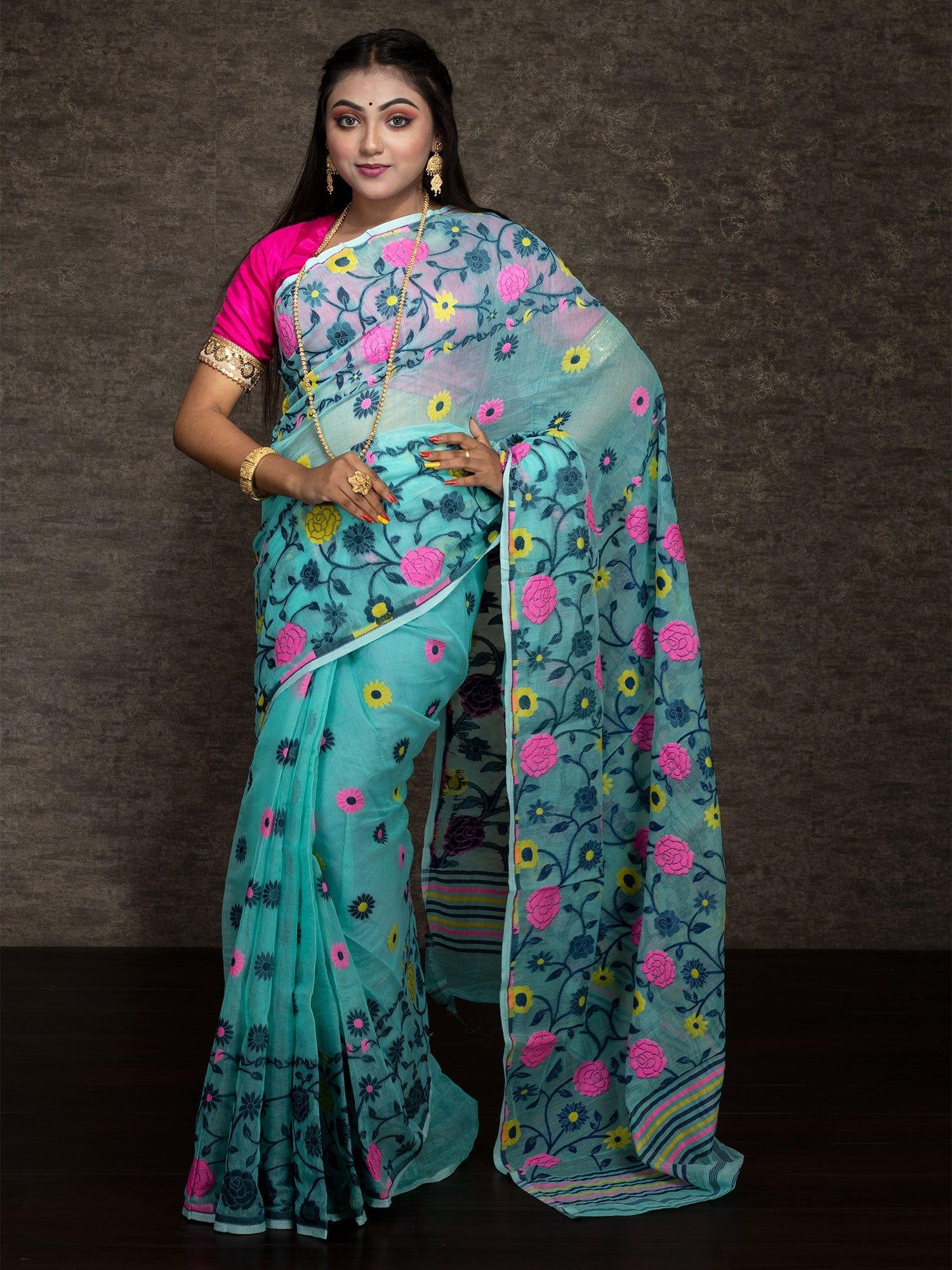 Wonderful Allover Cyan Soft Dhakai Jamdani Saree - WeaversIndia