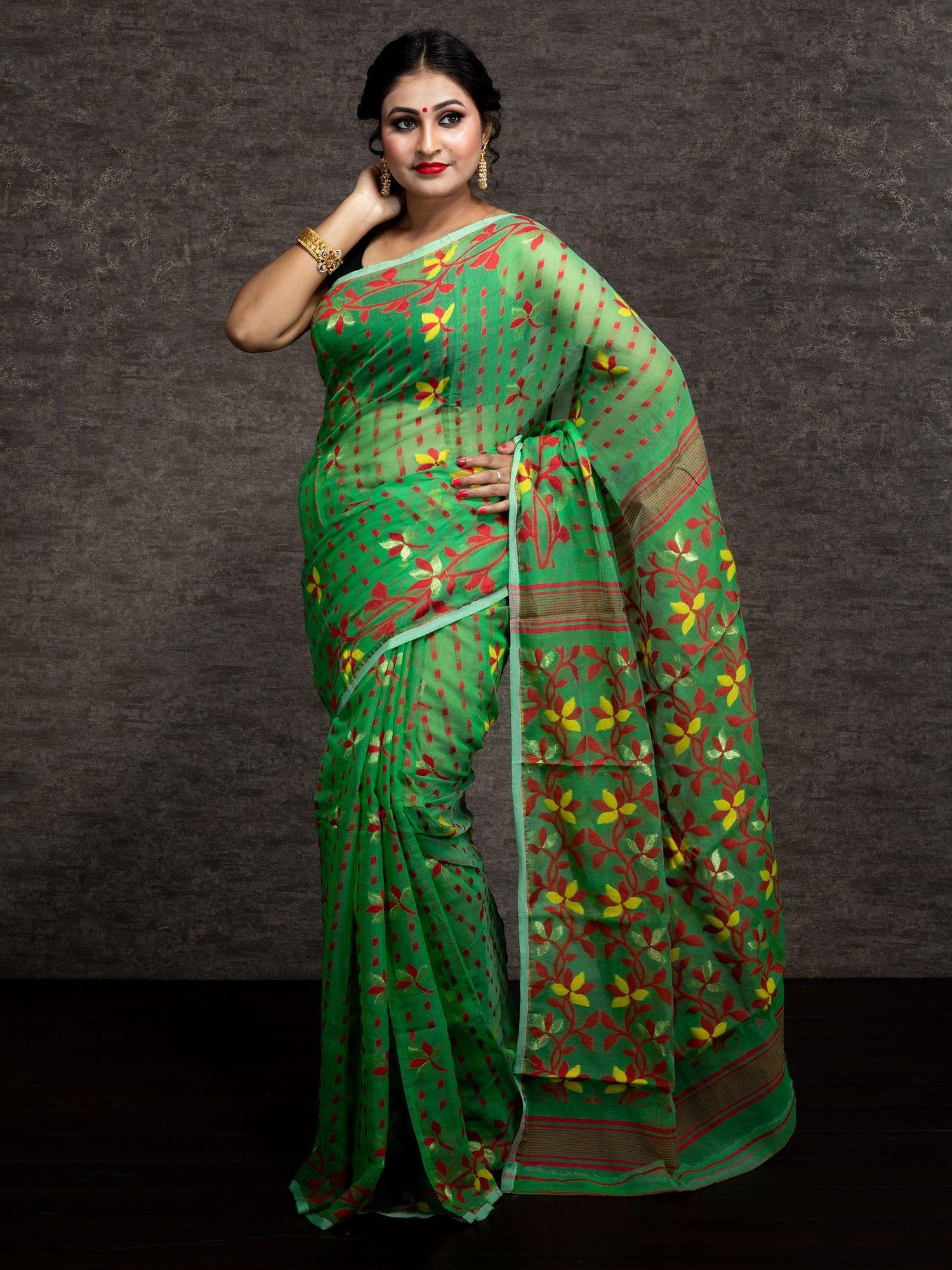 Wonderful Allover Green Soft Dhakai Jamdani Saree - WeaversIndia