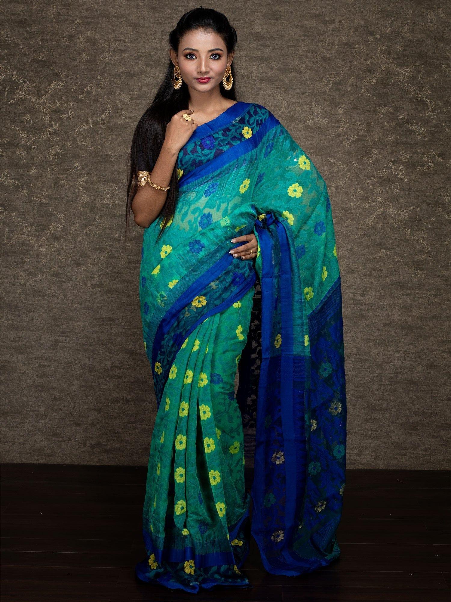 Wonderful Allover Green Soft Dhakai Jamdani Saree - WeaversIndia