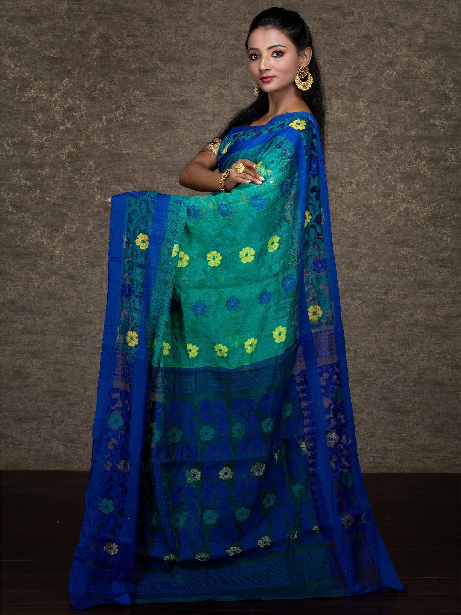 Wonderful Allover Green Soft Dhakai Jamdani Saree - WeaversIndia