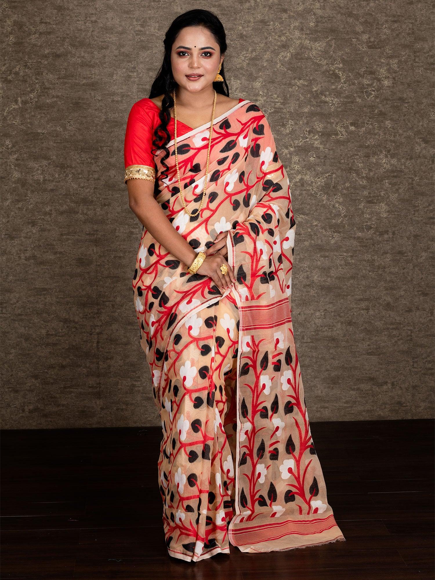 Wonderful Allover Peach Soft Dhakai Jamdan Saree - WeaversIndia