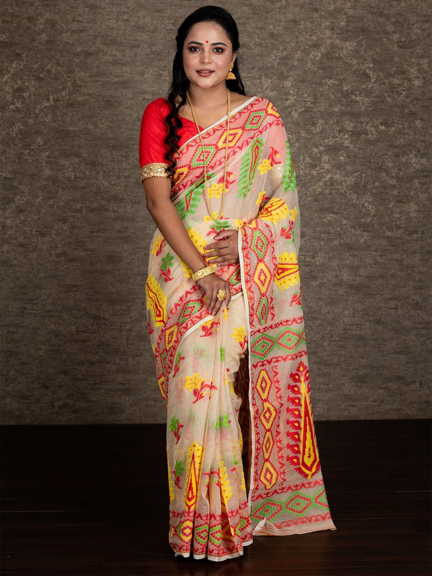 Wonderful Allover Peach Soft Dhakai Jamdani Saree - WeaversIndia