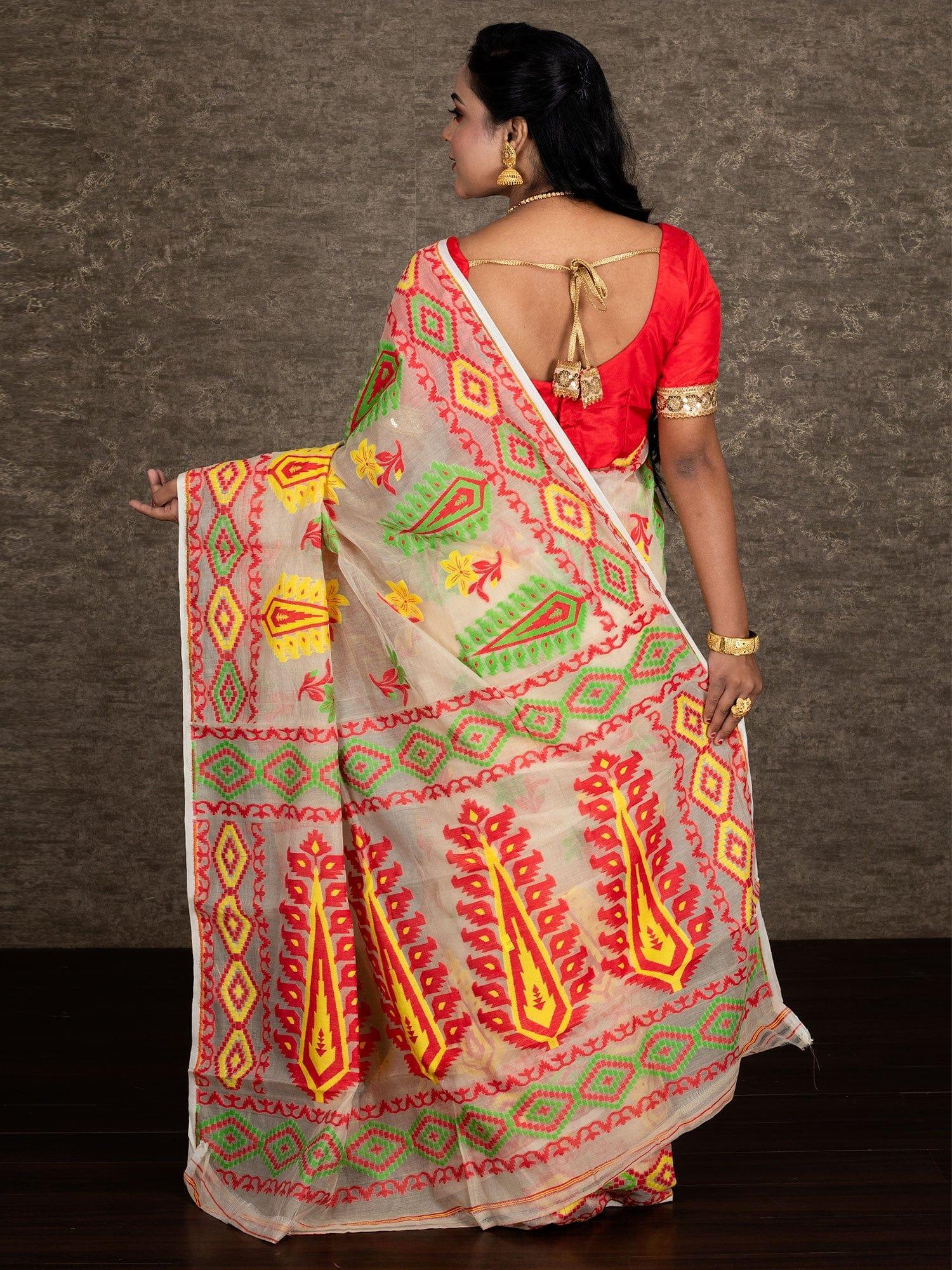 Wonderful Allover Peach Soft Dhakai Jamdani Saree - WeaversIndia