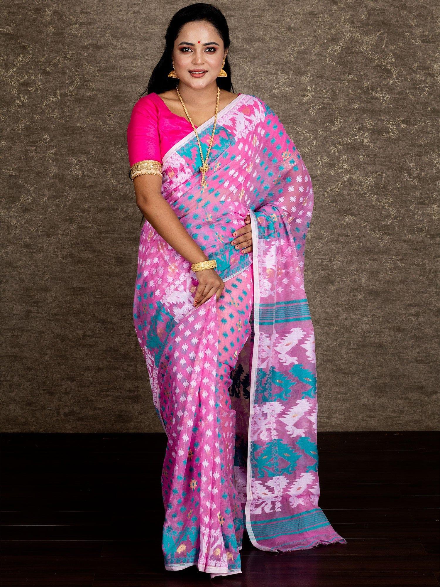 Handloom Jamdani Sub-Dhakai Saree - Green and Purple - ArtisanSoul